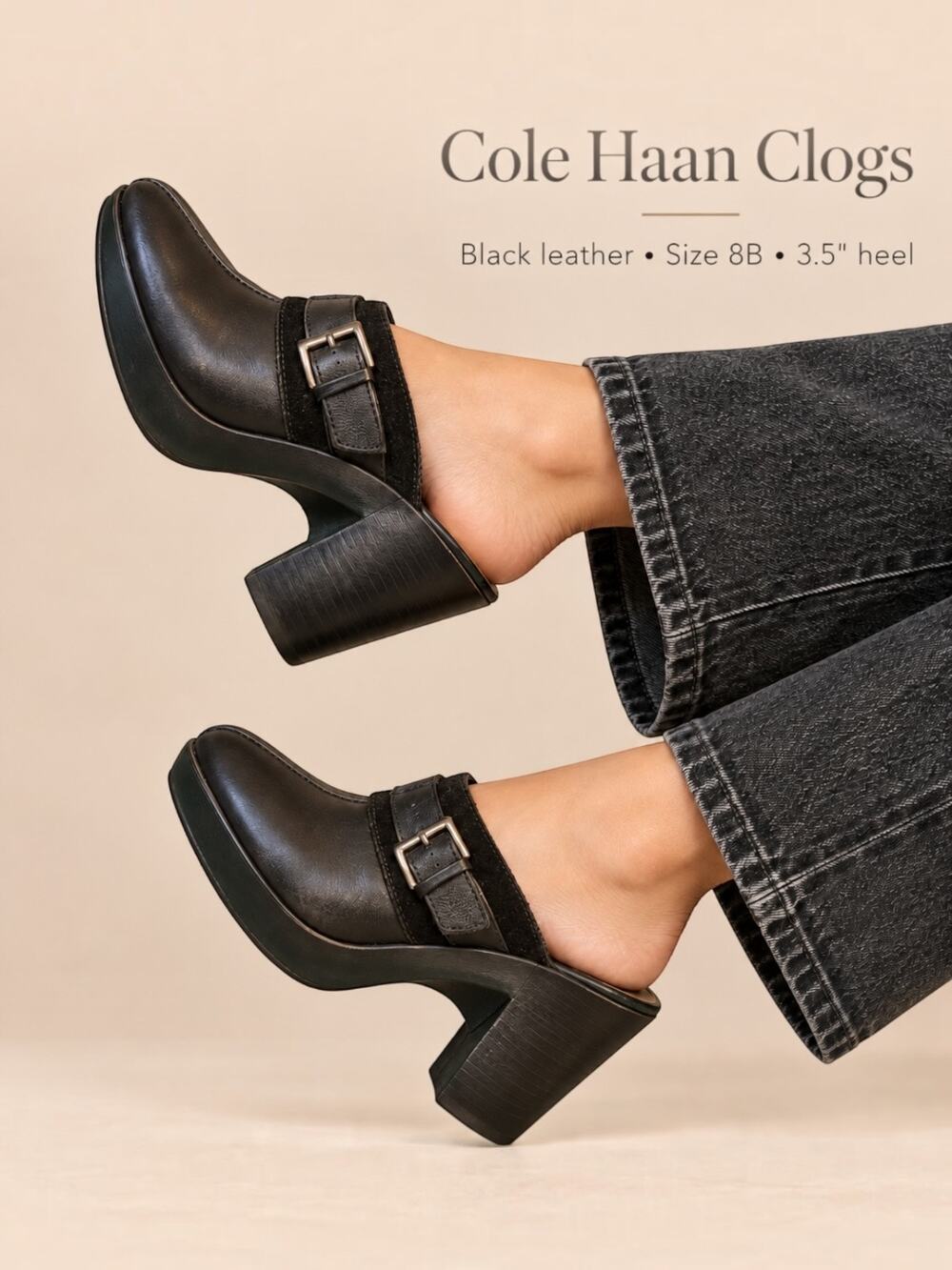 Cole Haan Black Leather Platform Clog Mules Size 8B Buckle Block Heel